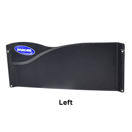 Full Length Clothing Guard for Invacare Tracer & 9000 Series Wheelchairs, black plastic shield with a blue and white logo, designed to mount under armrest pads for rider and clothing protection.