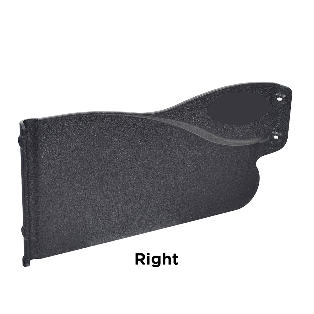 Desk Length Clothing Guard for Invacare Tracer & 9000 Series Wheelchairs, a black plastic shield with rounded edges and text, designed to mount under armrest pads for rider and clothing protection.