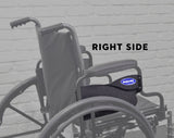 Close-up of the Full-Length Clothing Guard for Invacare Tracer & 9000 Series Wheelchairs, showcasing a black plastic shield mounted under the armrest pad, highlighting its protective function for riders.