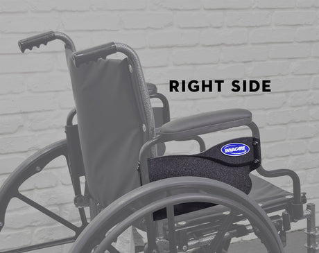 Close-up of the Desk Length Clothing Guard for Invacare Tracer & 9000 Series Wheelchairs, showcasing a black plastic shield mounted under the armrest pad, highlighting its protective design.