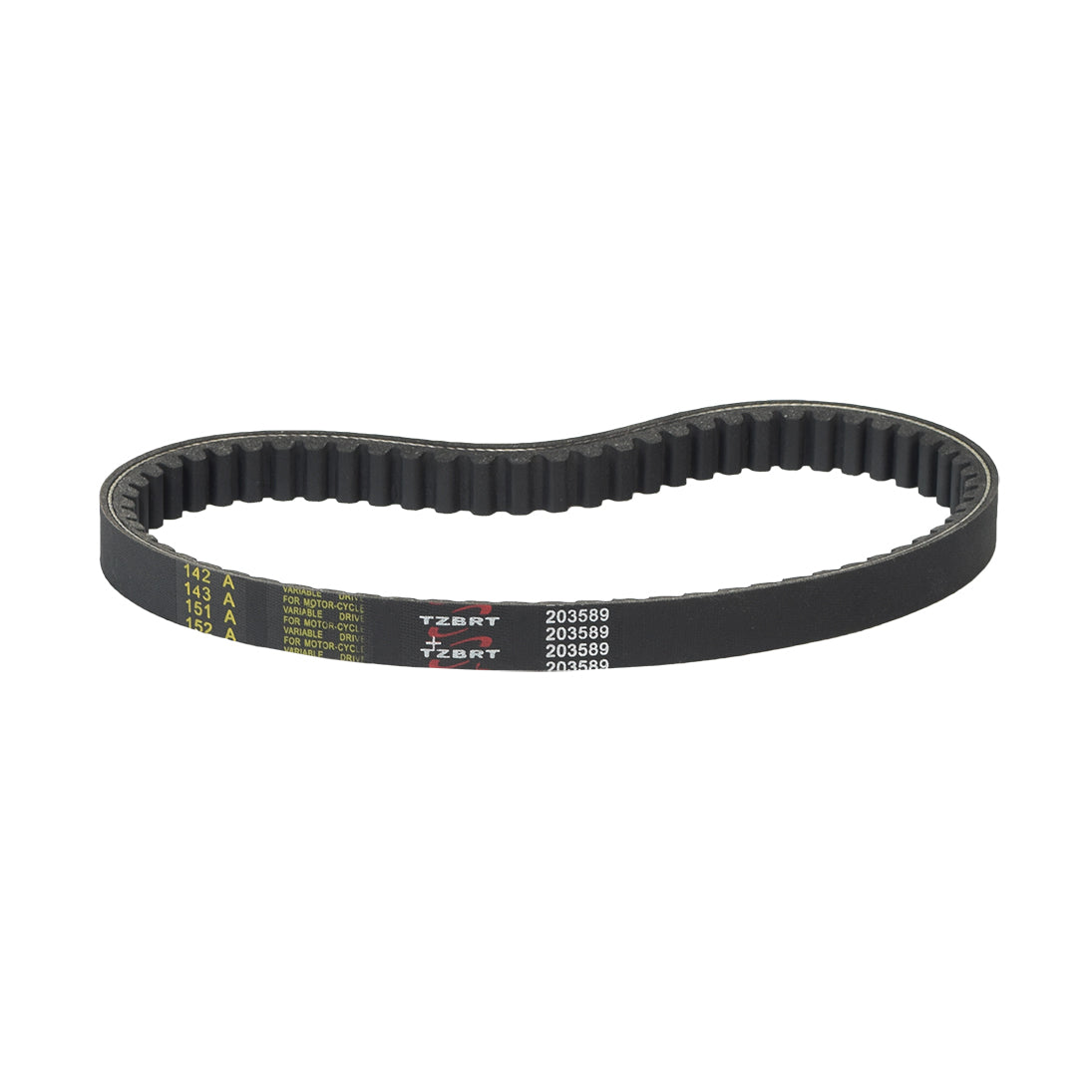 Torque Converter Asymmetric Belt for Coleman KT196 & CK196 Go-Karts, featuring a black belt with white text, close-up of the label, and distinct angles on each side for specific torque converter compatibility.