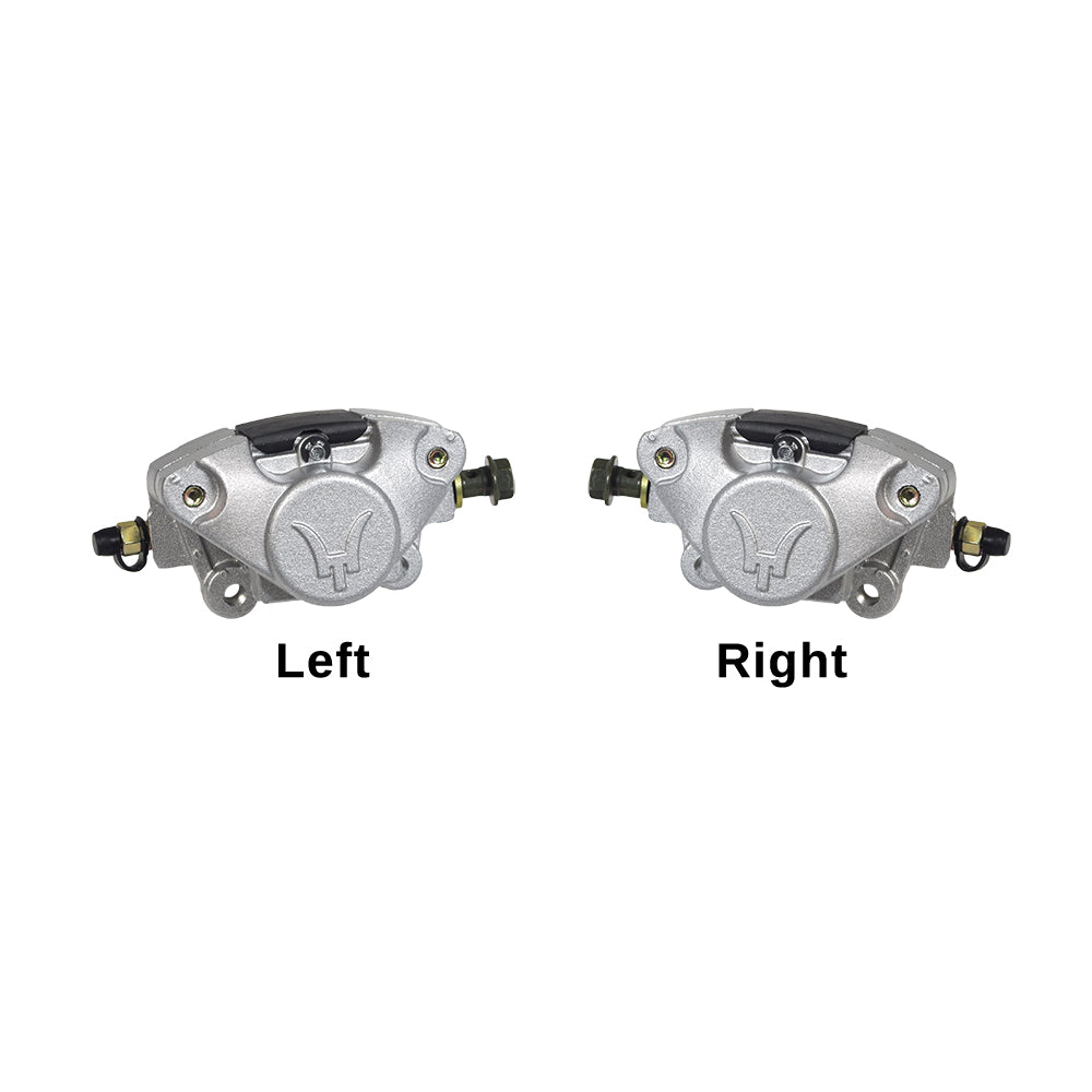 Brake Caliper with Pads for ATVs, Dirt Bikes, & Go-Karts: Close-up view highlighting the robust, silver metal brake caliper and the lightweight, dependable brake pads. Suitable for various motorsports models.