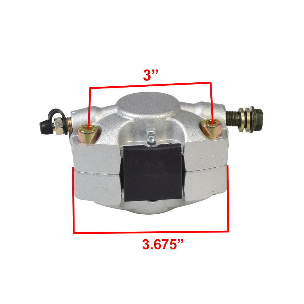 Brake Caliper with Pads for ATVs, Dirt Bikes, & Go-Karts – a robust silver component featuring black rubber sections, black square, and visible screws, designed for various 110cc to 250cc engines.