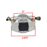 Brake Caliper with Pads for ATVs, Dirt Bikes, & Go-Karts – a robust silver component featuring black rubber sections, black square, and visible screws, designed for various 110cc to 250cc engines.