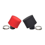 35 mm Foam Air Filter with Angled Fitting for 50cc, 70cc, 90cc, 110cc ATVs & Dirt Bikes features a red and black cylindrical foam filter with a metal hose clamp.