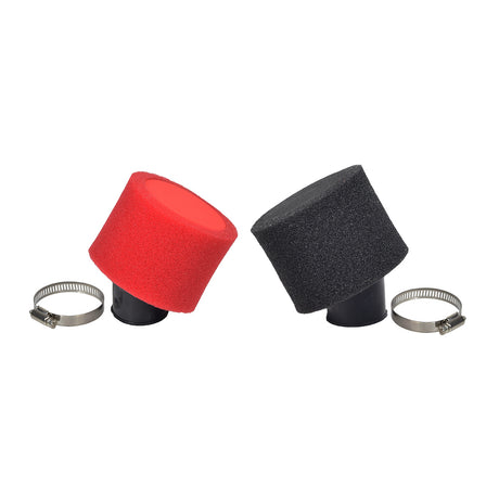 35 mm Foam Air Filter with Angled Fitting for 50cc, 70cc, 90cc, 110cc ATVs & Dirt Bikes features a red and black cylindrical foam filter with a metal hose clamp.