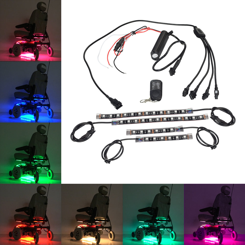 Multi-Color LED Light Kit for Jazzy Power Chairs, featuring vibrant lights attached to a wheelchair, showcasing various color modes and effects, controlled by a remote, enhancing the ride's visibility and style.