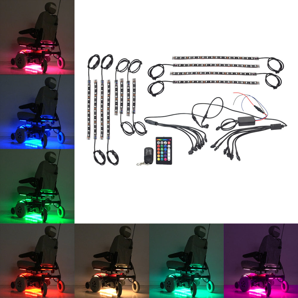 Multi-Color LED Light Kit for Jazzy Power Chairs, featuring vibrant, weather-resistant light strips attached to a wheelchair, illuminating in various patterns, controlled by a remote for a customizable glow.