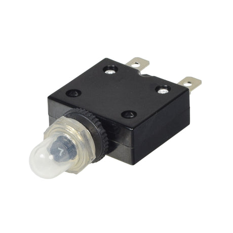 7 Amp Push Button Circuit Breaker for the Razor E100 Glow, featuring a small black box with a light bulb and a clear protective boot designed for 24-volt systems in electric scooters.