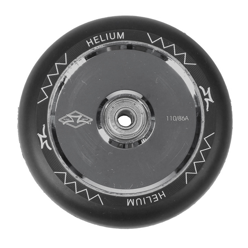 110 mm AO Helium Kick Scooter Wheel featuring a sleek black design with white text, including pre-installed Titen ABEC 9 bearings. Ideal for mixing and matching with other wheels.