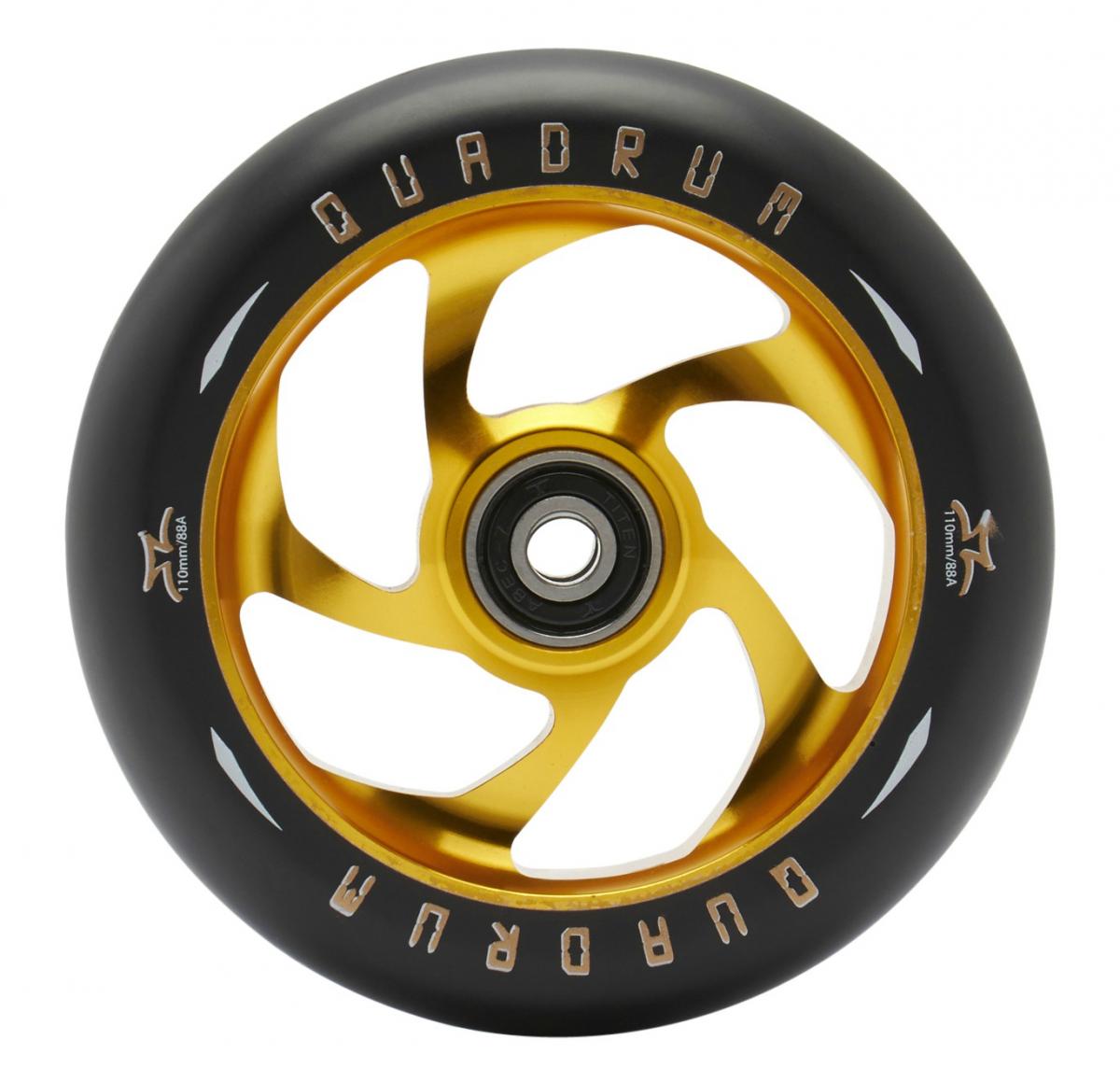 110 mm AO Quadrum Kick Scooter Wheels featuring a black and gold 5-spoke design, pre-installed Titen ABEC-7 bearings, and a central spacer.