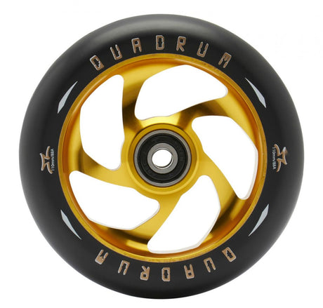 110 mm AO Quadrum Kick Scooter Wheels featuring a black and gold 5-spoke design, pre-installed Titen ABEC-7 bearings, and a central spacer.