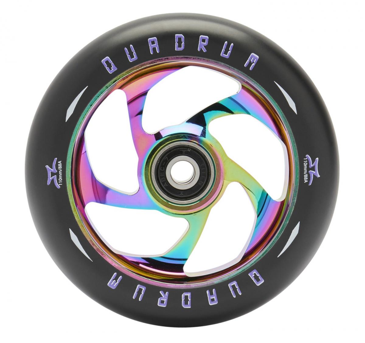 110 mm AO Quadrum Kick Scooter Wheel featuring a black core with a multicolored rim, 5 spokes, and pre-installed Titen ABEC-7 bearings with a spacer.