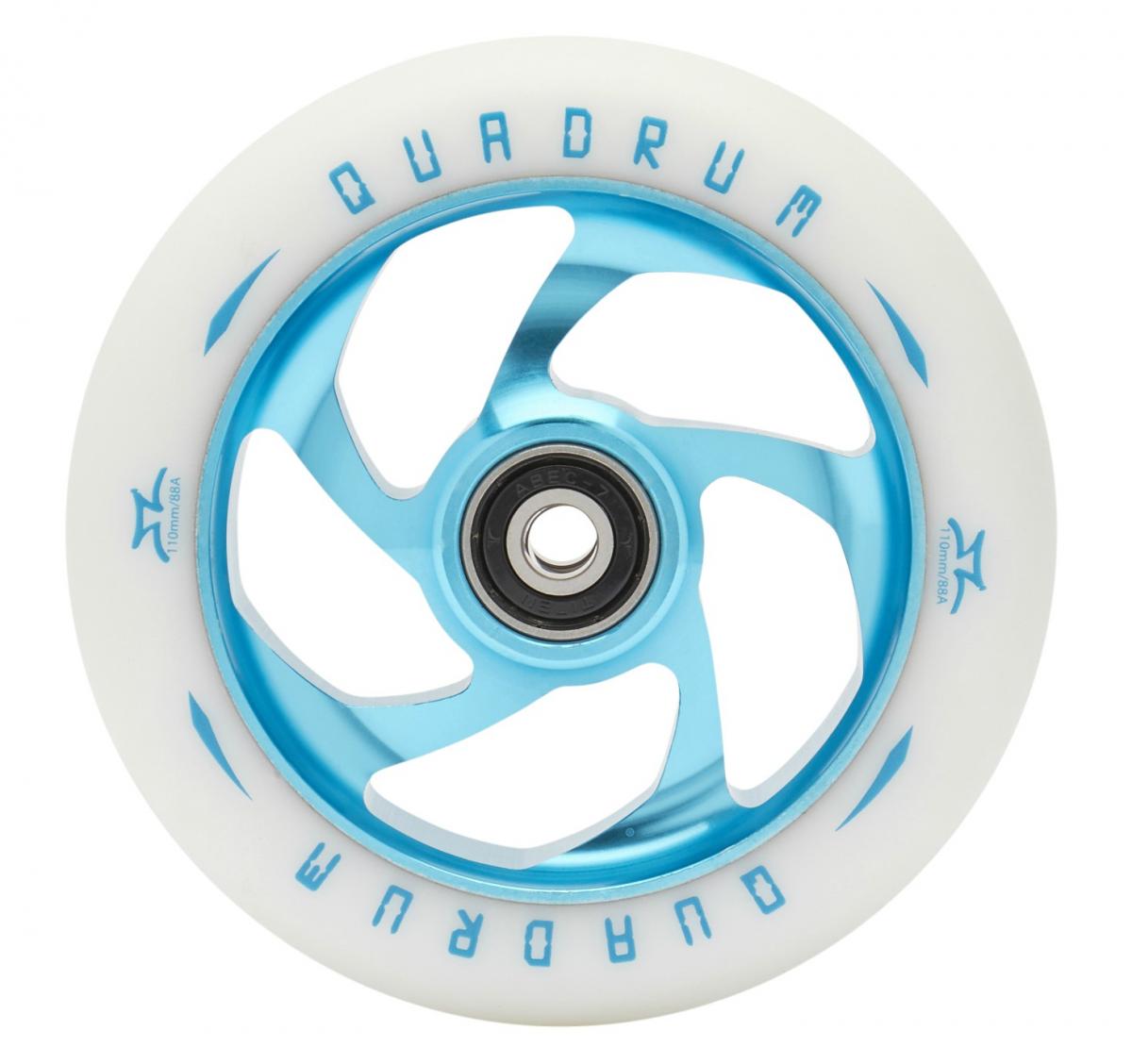 110 mm AO Quadrum Kick Scooter Wheel featuring a white and blue 5-spoke design with pre-installed Titen ABEC-7 bearings and a central spacer, ideal for customized scooter builds or replacements.