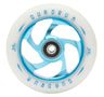 110 mm AO Quadrum Kick Scooter Wheel featuring a white and blue 5-spoke design with pre-installed Titen ABEC-7 bearings and a central spacer, ideal for customized scooter builds or replacements.