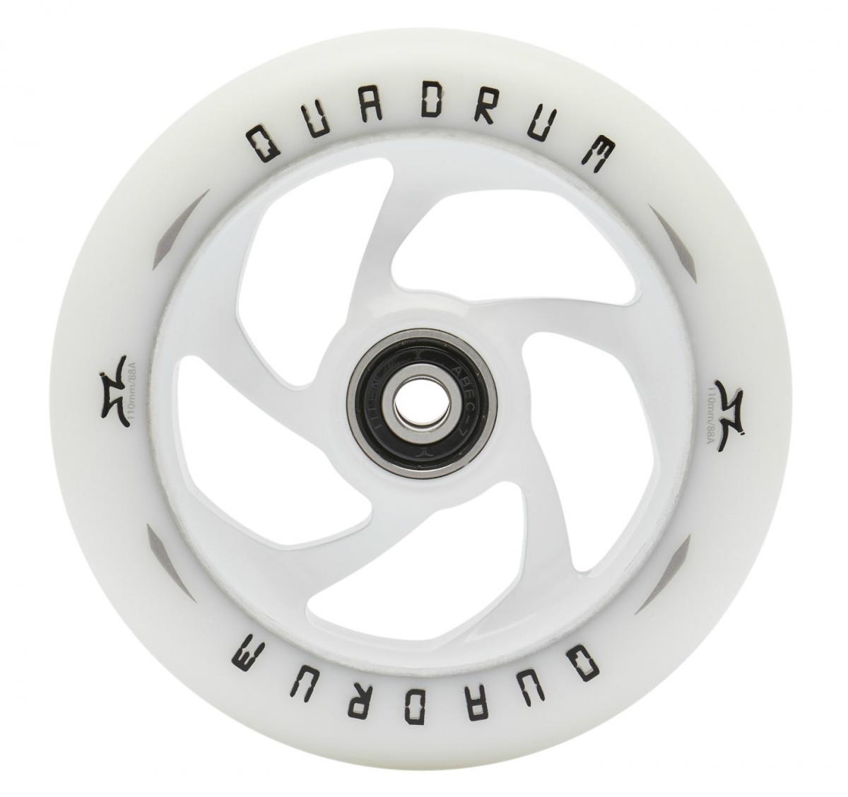 110 mm AO Quadrum Kick Scooter Wheel featuring a white 5-spoke design with black text, pre-installed Titen ABEC-7 bearings, and a spacer, ideal for customized scooter builds or replacements.