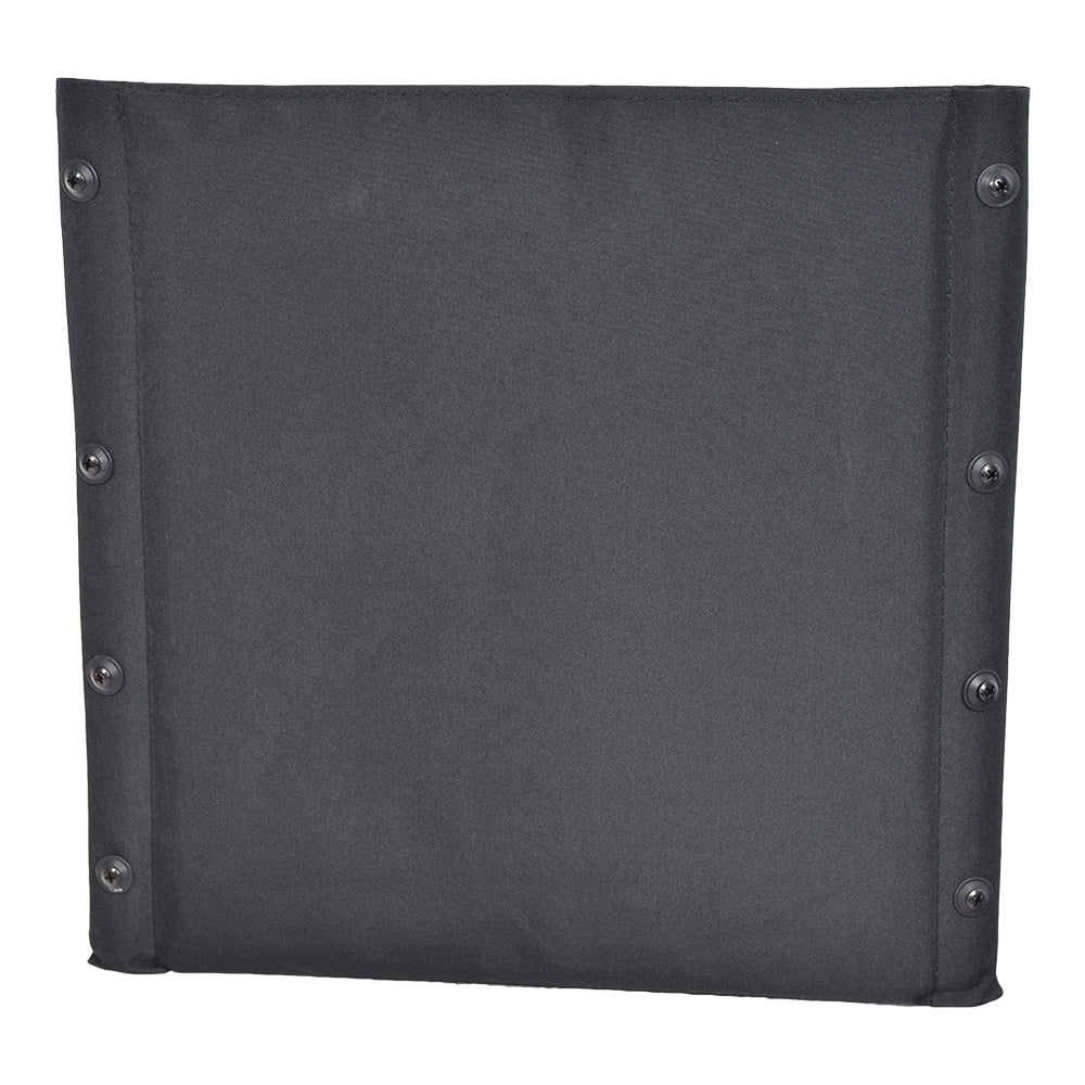 Black Fabric Seat Back for Wheelchairs featuring tough black nylon upholstery, secured with four screws on each side, designed for compatibility with various wheelchair models.