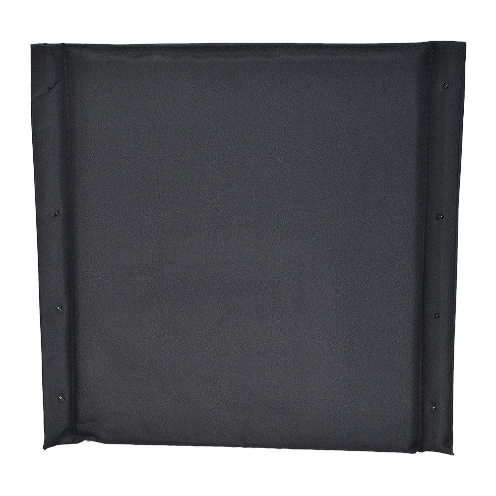 Black Fabric Seat Back for Wheelchairs, featuring durable padded black nylon upholstery, designed to attach to the back support frame with four screws on each side. Suitable for various wheelchair brands and models.