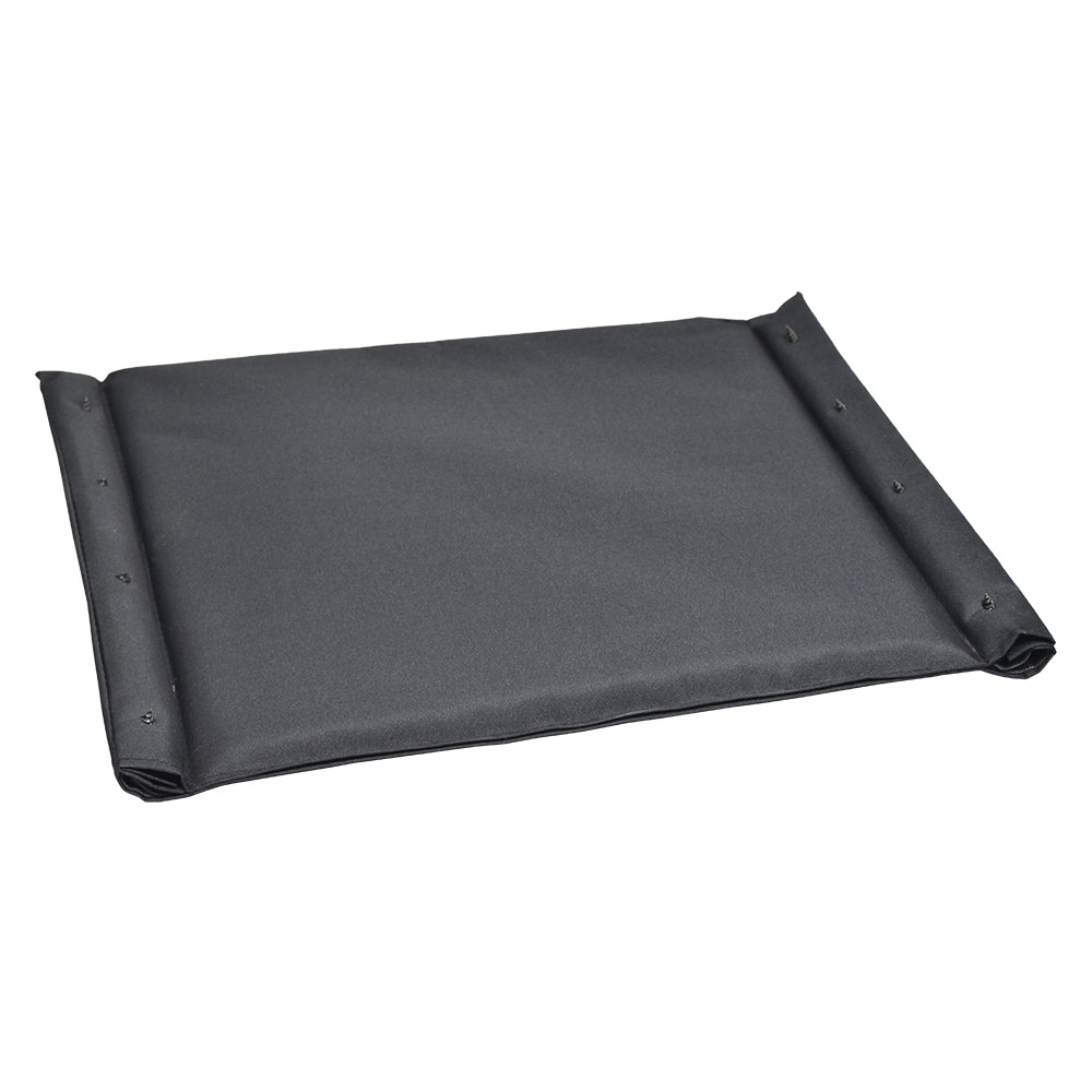 Black Fabric Seat Back for Wheelchairs featuring tough, padded black nylon upholstery with a central hole, secured by four screws on each side for attachment to the wheelchair's back support frame.