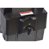 24 Volt Battery Box Assembly for the EV Rider MiniRider, featuring a secure black box with a white padlock and a red label.