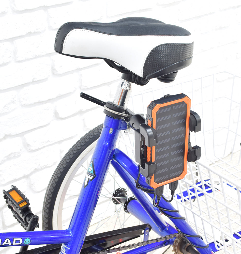 LED Bicycle Strip Light, USB Battery Bank, & Holder Kit showcasing a blue bicycle with white basket, solar panel, and black-and-white seat, emphasizing the kit's light strips, battery bank, and universal holder.