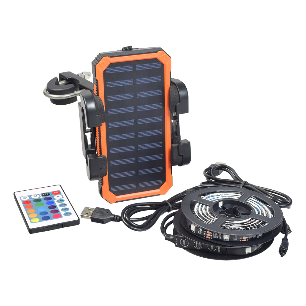 LED Bicycle Strip Light, USB Battery Bank, & Holder Kit featuring a solar panel, wire, remote control, and light strips. Includes dual USB battery bank and adjustable universal grip holder.