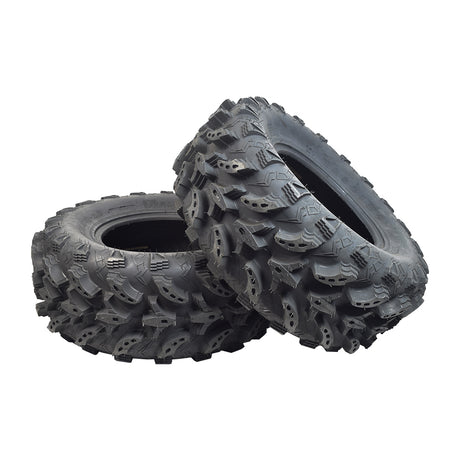 26x10-12 Rear Tires for Massimo UTVs (Set of 2) with aggressive chicken foot tread pattern, showing close-up of durable, puncture-resistant 6-ply design, ideal for offroad, soft, wet, and rough terrain.