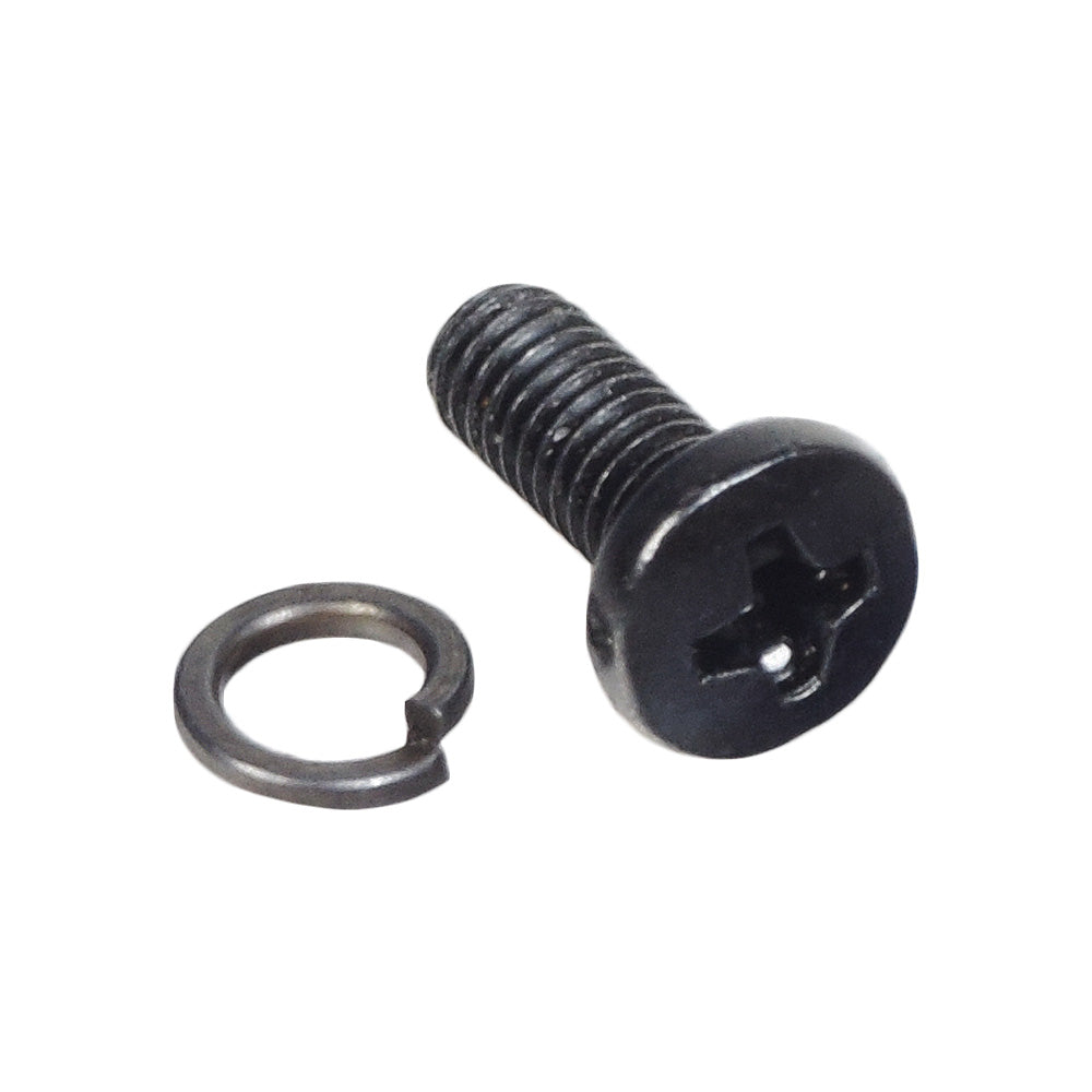 Screw & Washer for Go-Go Battery Boxes: A black screw with a matching metal lock washer, designed for securing Go-Go battery box bases to lids.