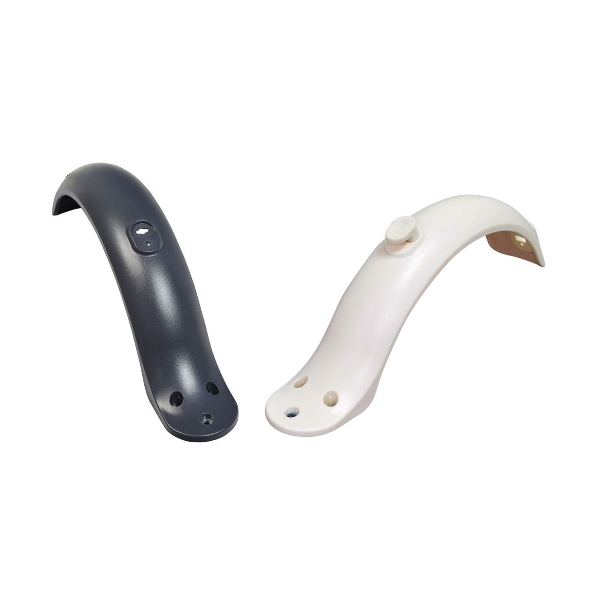 Rear Fender for the Xiaomi Mi M365 electric scooter, showing black and white plastic construction with holes. Designed to keep mud off and secure handlebar when folded, enhancing both cleanliness and portability.