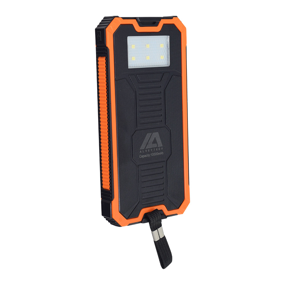 Portable Dual USB Battery Power Bank/Charger, black and orange rectangular device with a strap, ideal for recharging two devices simultaneously, featuring auxiliary solar recharge for added convenience.