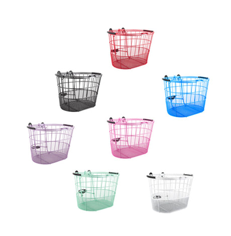 Wire Lift-Off Basket with Oval Mesh Bottom, featuring a durable powder-coated steel mesh construction and a convenient lift-off bracket, perfect for carrying items while cycling or riding a scooter.