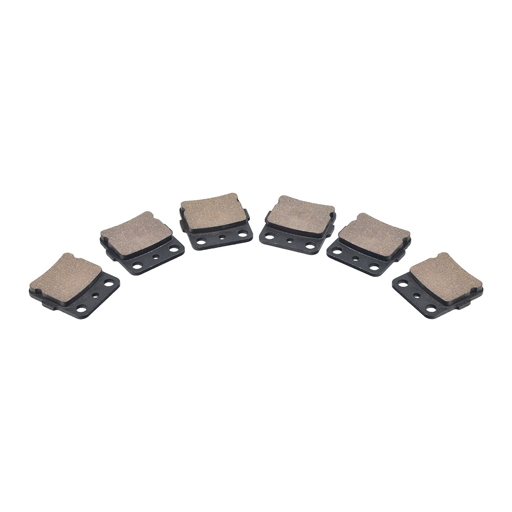 Front & Rear Semi-Metallic Brake Pad Set for the Honda Fourtrax TRX300 EX & TRX400 EX (Set of 6) displayed in a group, showing multiple close-ups of individual brake pads.