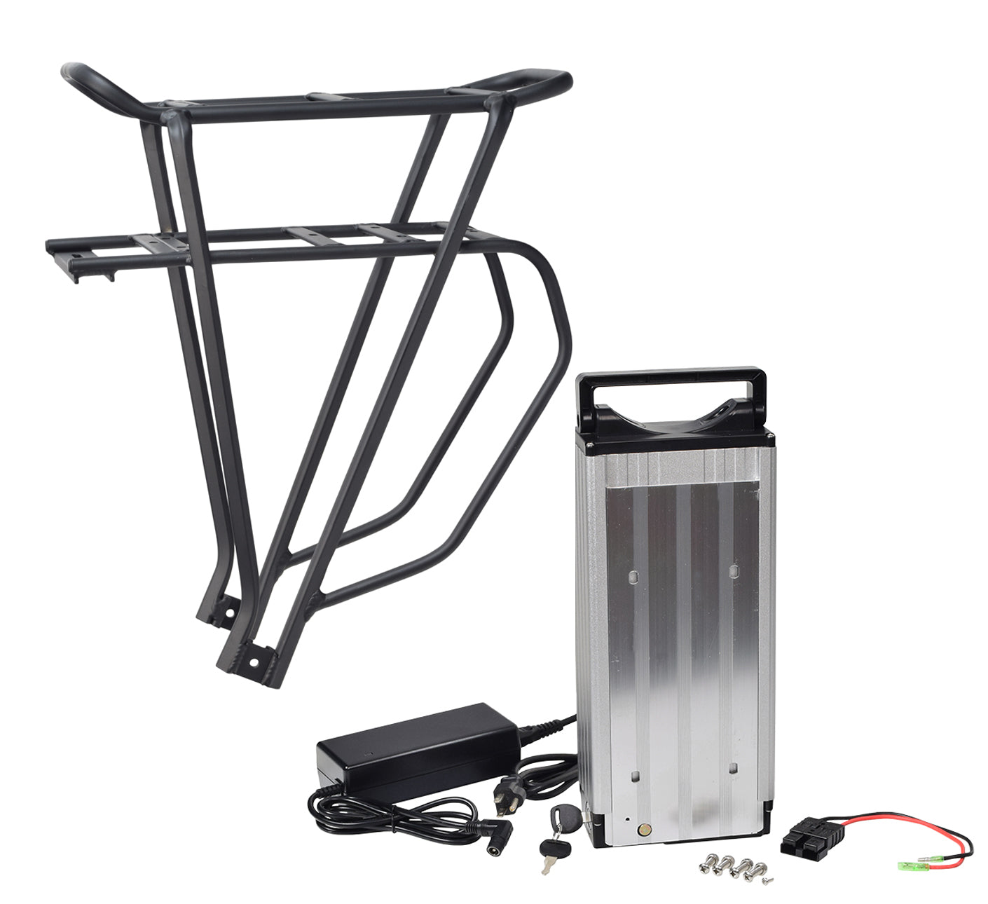 24 Volt 20 Ah Lithium-ion Electric Bike e-Bike Battery Pack & Charger, featuring a compact silver battery with attached black wires, a black power supply, and a plug cord, ideal for extended cycle life.