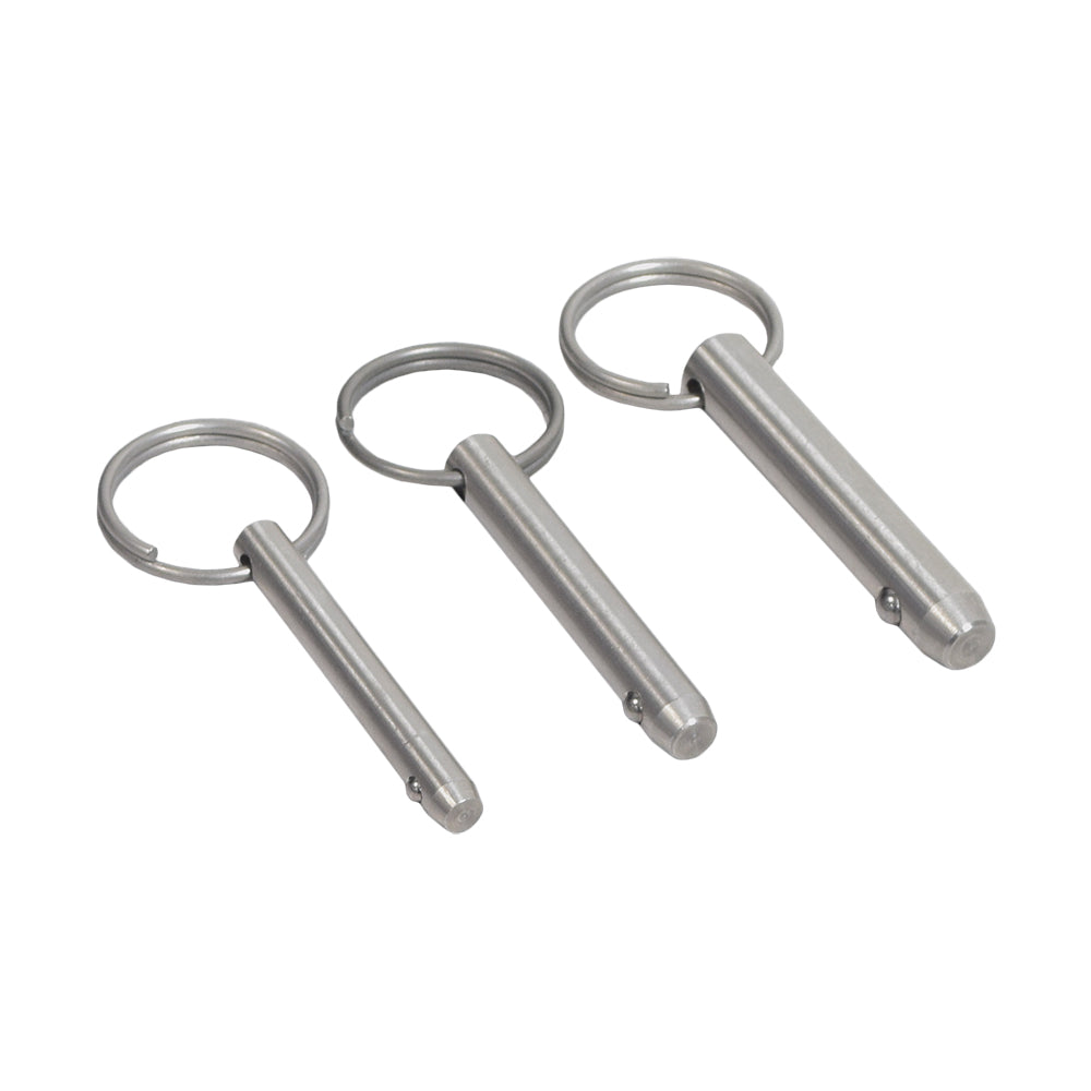 1-1/2 Quick Release Pin made of stainless steel, featuring a pull-ring and detent ball, displayed among other metal keychains. Ideal for securing scooter or power chair accessories.