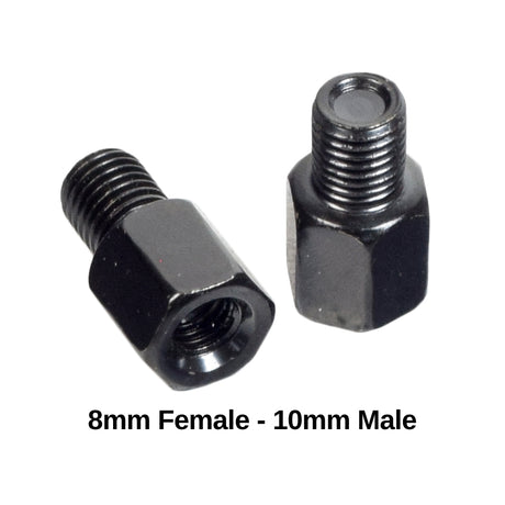 Mirror Mount Adapter for Bikes & Scooters (Set of 2), showing close-up of black bolts and nuts, designed to fit 8 mm and 10 mm threaded handlebar holes for secure mirror mounting.