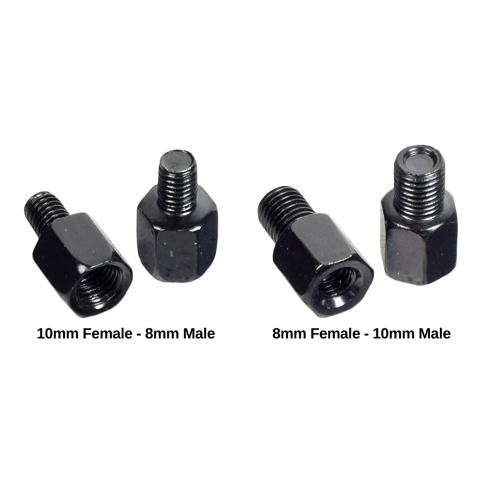 Mirror Mount Adapter for Bikes & Scooters (Set of 2) showing a set of black bolts and nuts designed for mounting mirrors onto handlebars, compatible with both 8 mm and 10 mm threads.