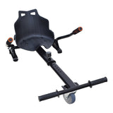 Hoverboard Go-Kart Kit featuring a black scooter with a seat, front caster wheel, fork, length-adjustable frame, and handlebar levers, designed to convert hoverboards into sit-down go-karts.