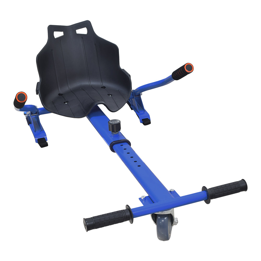 Hoverboard Go-Kart Kit shown with a black seat on a blue frame, handlebar levers, and front caster wheel, designed to convert a 2-wheel stand-up hoverboard into a 3-wheel sit-down go-kart.