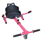 Hoverboard Go-Kart Kit featuring a black seat, front caster wheel, adjustable frame, and handlebar levers, designed to convert a hoverboard into a three-wheel sit-down go-kart. Hoverboard not included.