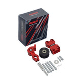 Aluminum Dirt Bike Chain Tensioner shown with mounting screws, black pulley, and red metal components. The universal tensioner features an adjustable torsion spring for automatic chain adjustment.