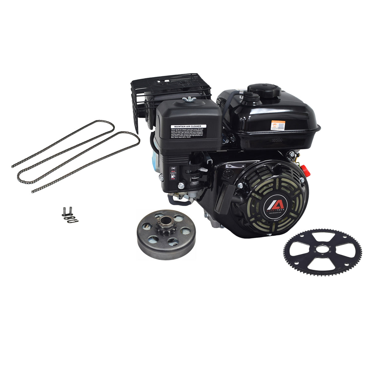 6.5 HP Mini Bike Engine & Drivetrain Kit with #35 Chain, featuring a machine with gears, wires, chain, and sprockets. Includes a close-up of a black gear and chain.