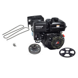 6.5 HP Mini Bike Engine & Drivetrain Kit with #35 Chain, featuring a machine with gears, wires, chain, and sprockets. Includes a close-up of a black gear and chain.