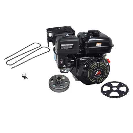 6.5 HP Mini Bike Engine & Drivetrain Kit with #35 Chain, featuring a black gear, chain, clutch assembly, and visible wires, ideal for mini bike builders and enthusiasts.