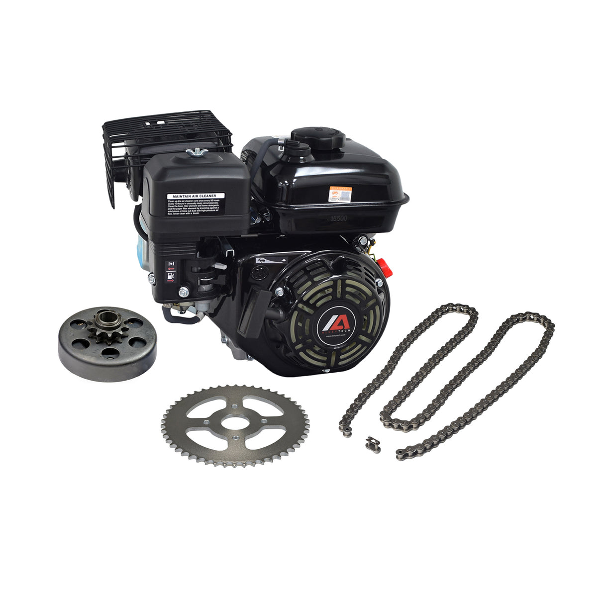 6.5 HP Mini Bike Engine & Drivetrain Kit with 420 Chain, featuring visible gears, a metal wheel, chain, and black cover. Includes clutch, air filter, carburetor, and fuel tank.