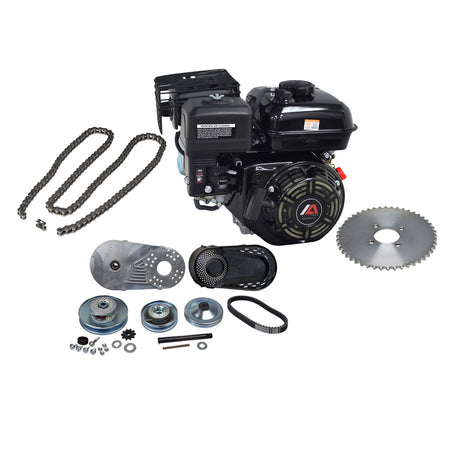 6.5 HP Mini Bike Engine & Torque Converter Kit with 420 Chain, showcasing gears, a black engine, torque converter, and drive belt components for custom mini bike projects.