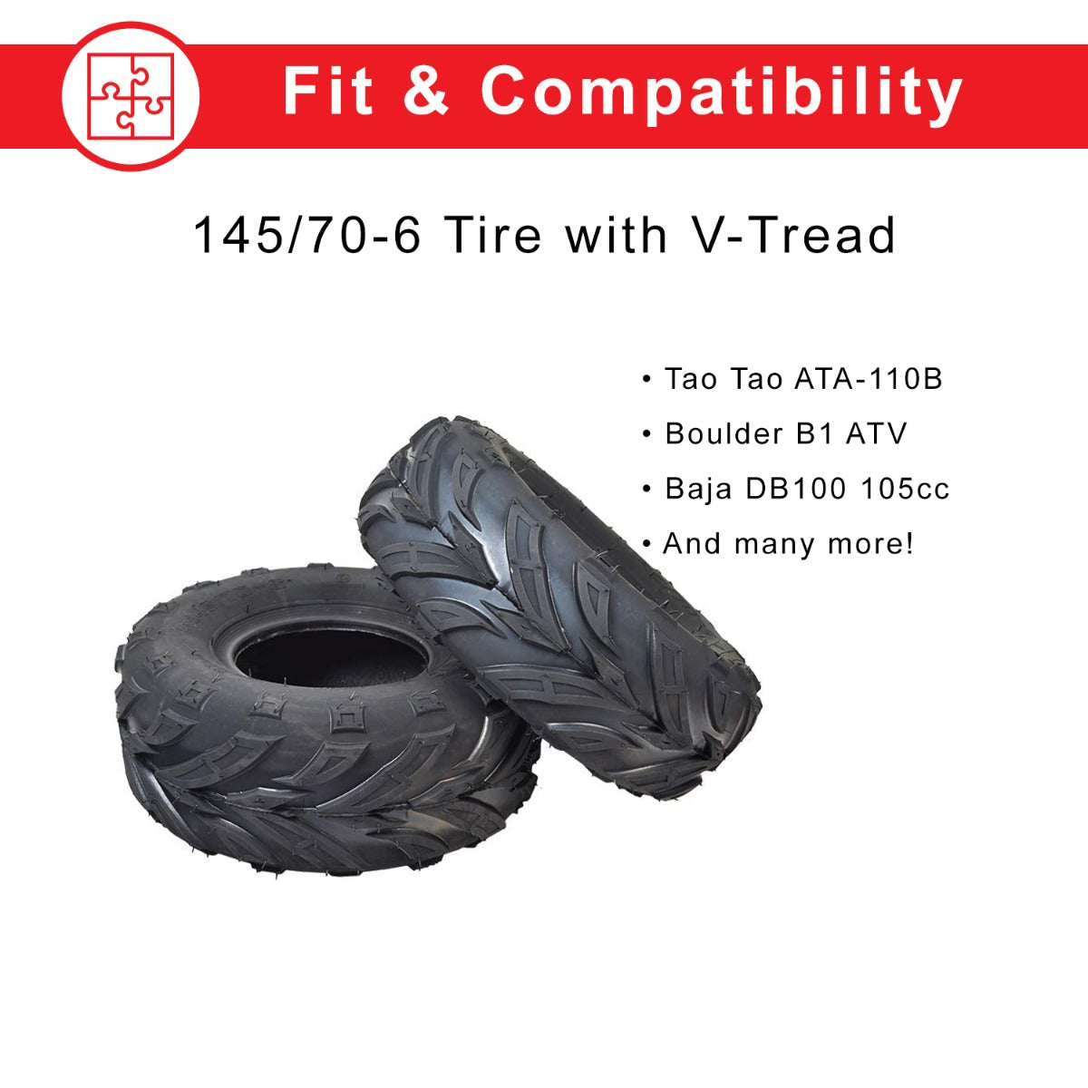 145/70-6 Off-Road Mini Bike Tires (Set of 2) featuring prominent tread patterns, perfect for traction on dirt and mud, displayed side by side.