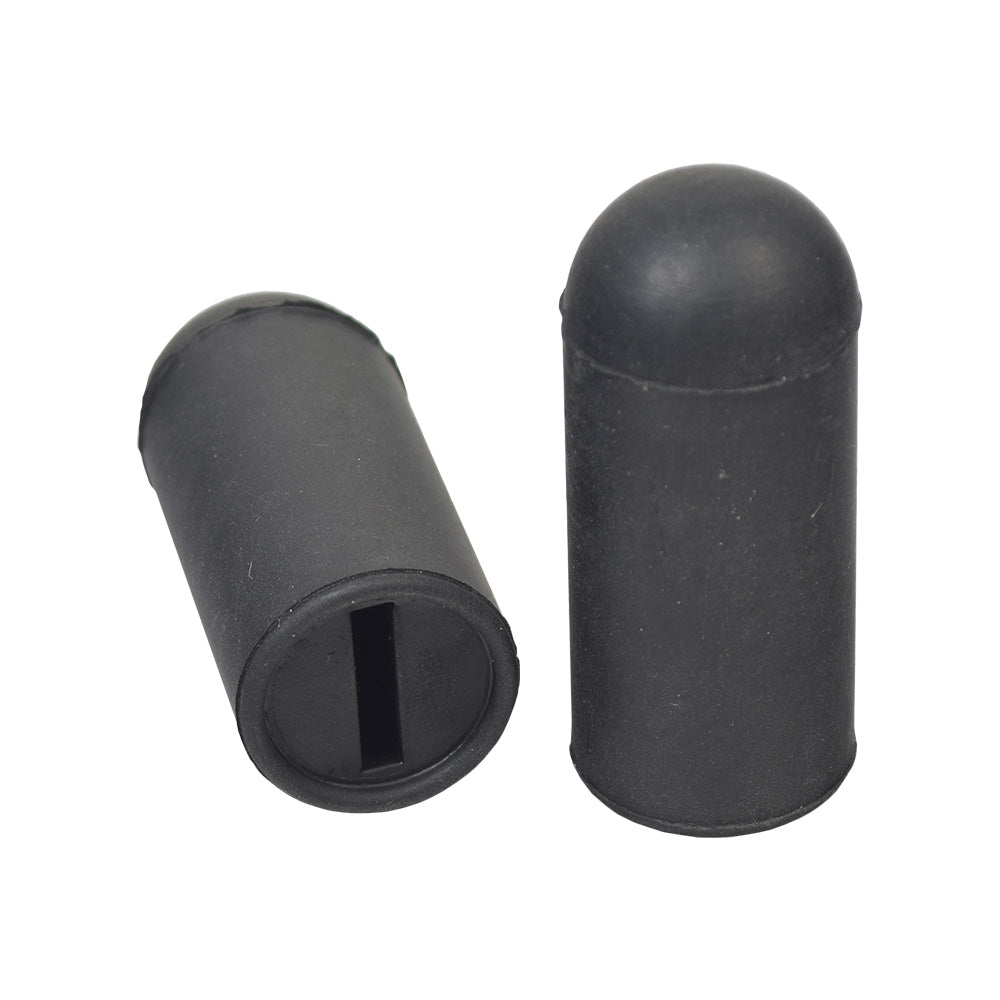 Black Rubber Tips for 5/8 Flat Invacare Style Wheelchair Wheel Locks (Set of 2): Close-up of black rubber cylindrical tips with coin slot, designed for wheelchair wheel locks.