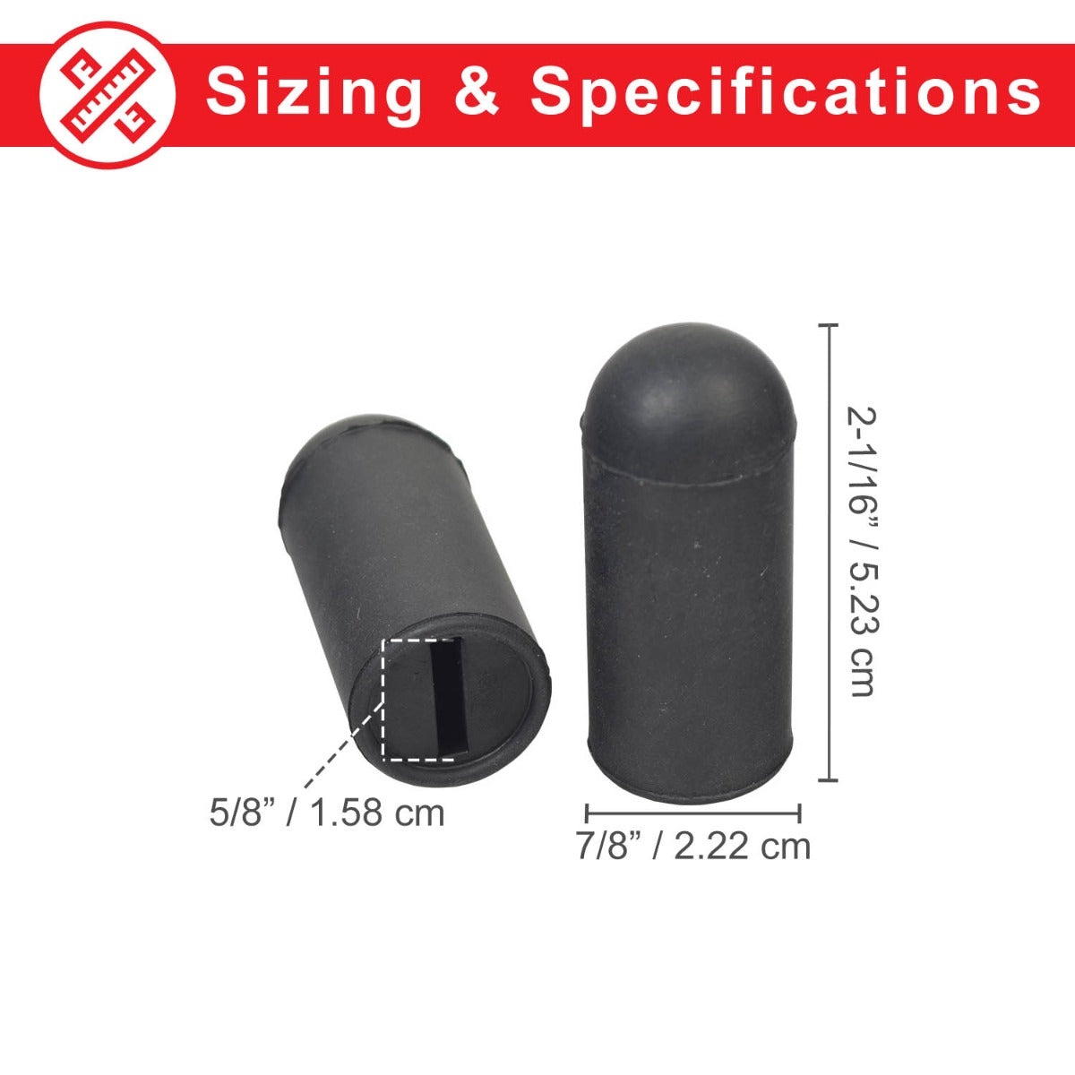 Black Rubber Tips for 5/8 Flat Invacare Style Wheelchair Wheel Locks (Set of 2) - Close-up of two black rubber cylinder tips with a 5/8 lever slot for wheelchair wheel locks.