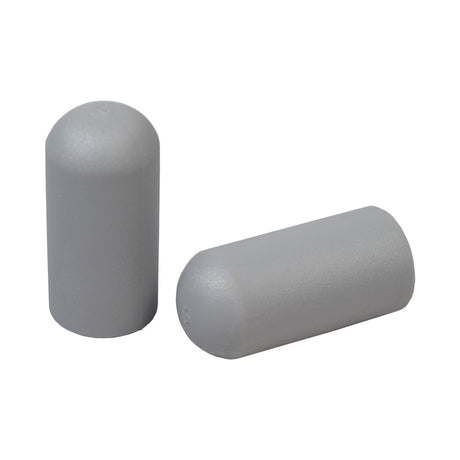 Close-up of a set of two gray rubber tips for 5/8 flat Invacare style wheelchair wheel locks, highlighting their cylindrical shape and grip-friendly design.