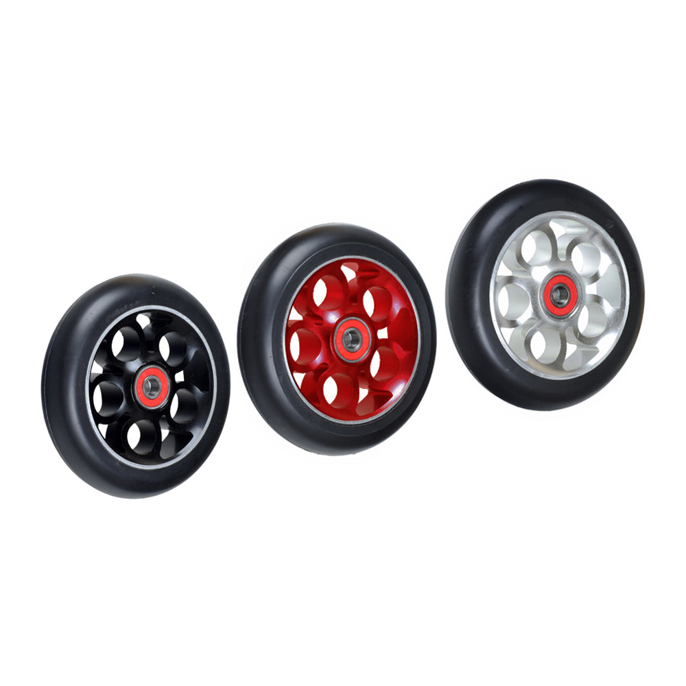 110 mm Pro Replacement Wheels for Fuzion Z250 & Z300 Pro Kick Scooters (Set of 2) featuring heavy-duty black rubber tires on strong 5-clover metal alloy hubs designed for durability and performance.